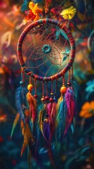 Fototapeta premium Ornate dreamcatcher with a colorful, bohemian design featuring a central web, numerous beads, and an array of vibrantly colored feathers, suspended against a dark, abstract background