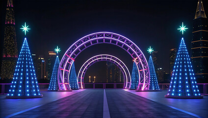 Festive New Year Decorations and Cityscape at Night