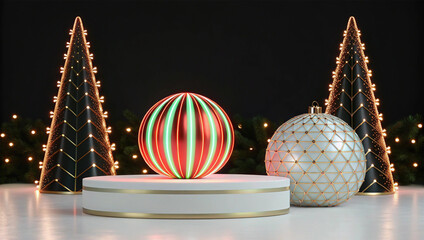 Festive New Year's Eve decorations with glowing baubles and illuminated Christmas trees on a stage
