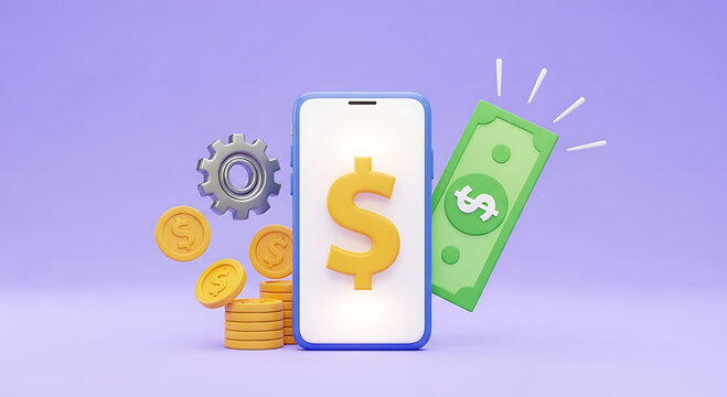 3D cartoon smartphone with dollar sign coins and banknote money finance