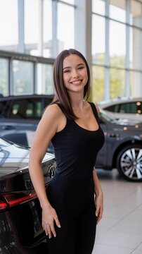 young Caucasian woman stands cheerfully in bright car showroom, leaning against black car, conveying happiness and confidence, surrounded by parked vehicles, joyful purchase, new beginnings