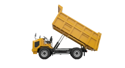 Yellow articulated dumper truck PNG isolated on transparent background, construction vehicle for building and industrial projects