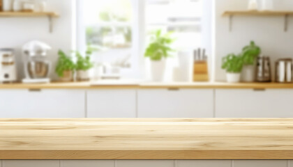 Minimalist Empty Wooden Counter Space Kitchen  with Bright Blurred Background Mockup
