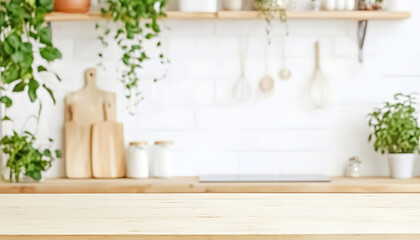 Empty Light Wood Kitchen Countertop with Blurred Modern Interior and Green Plants Background Mockup