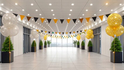 Bright and elegant modern event hall beautifully decorated with festive balloons and colorful bunting, perfect for celebrations, conferences, or corporate gatherings