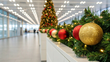 Festive Christmas and New Year decorations with golden and red baubles on a garland in a modern, brightly lit office corridor background