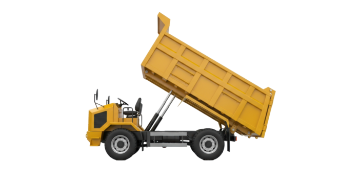 Yellow articulated dumper truck PNG isolated on transparent background, construction vehicle for building and industrial projects