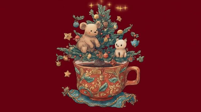 Festive christmas tree and teddy bear in a decorative coffee cup artwork