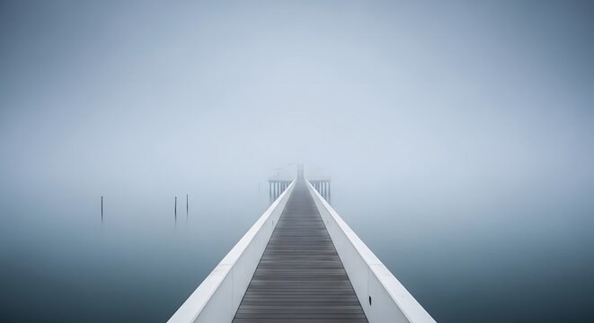 Long wooden pier stretching into a dense fog over calm water on a hazy and overcast day