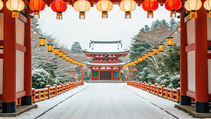 Majestic Japanese temple entrance in a winter setting, decorated with a string of bright celebratory lanterns, reflecting cultural beauty amidst fresh snow