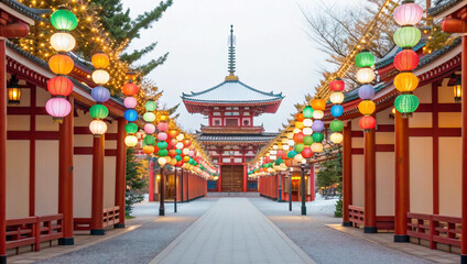 Pathway illuminated by festive lanterns leading to a traditional Japanese temple during winter, evoking a sense of celebration and tranquility