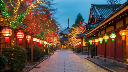 Illuminated Street in Japan with Lanterns and Festive Decorations at Dusk