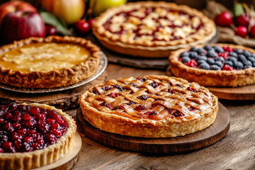 Assorted pies on a wooden table under bright natural light. Apple, berry, and pumpkin pies shown whole and sliced. An appetizing food composition for stock use.