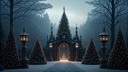 Enchanting Winter Gateway Adorned with Twinkling Lights and Evergreen Trees