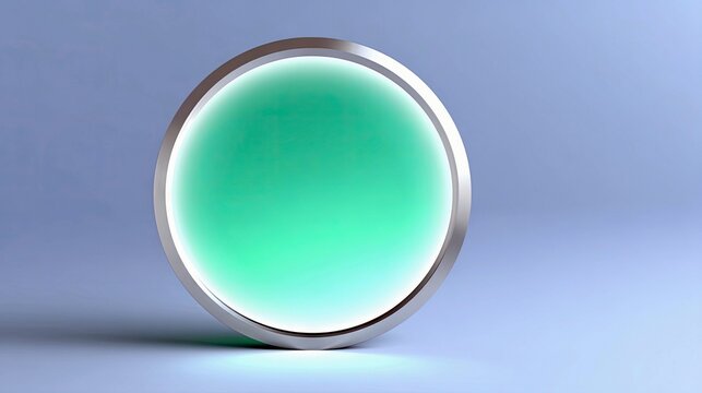 A close-up, studio shot of a circular object with a silver metallic rim and a glowing, translucent green center. The background is a smooth, light blue gradient