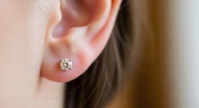 A close up shot of a woman's ear with a sparkling diamond earring stud in the lobe piercing