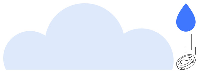 Large cloud with blue droplet turning into a coin symbolizes cloud computing benefits, cost efficiency, and innovation. Ideal for finance, sustainability, digitalization, investment, technology