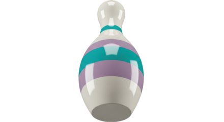 Striped bowling pin PNG isolated on transparent background, colorful skittle with teal and purple stripes for sports and recreation