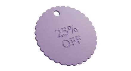 Lilac 25% off price tag PNG isolated on transparent background, promotional discount badge for sales and marketing campaigns
