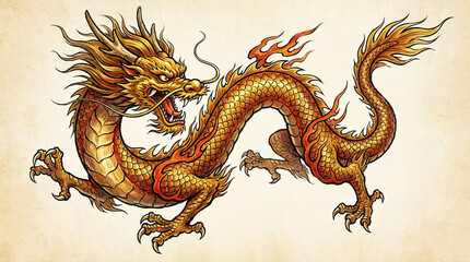 Dragon oriental dor&eacute; flamboyant en mouvement majestueux