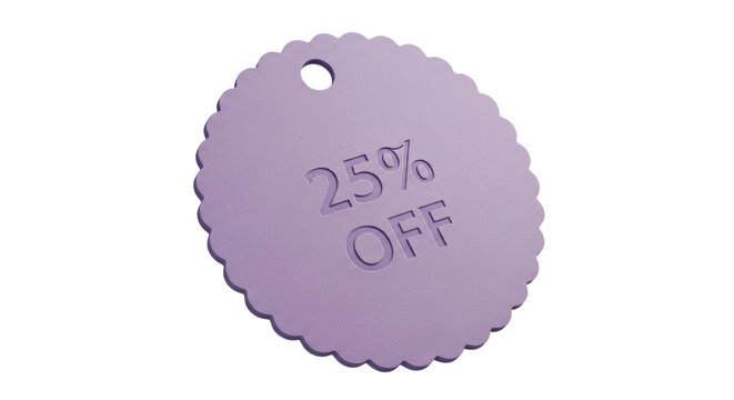 Lilac 25% off price tag PNG isolated on transparent background, promotional discount badge for sales and marketing campaigns
