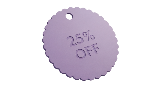 Lilac 25% off price tag PNG isolated on transparent background, promotional discount badge for sales and marketing campaigns