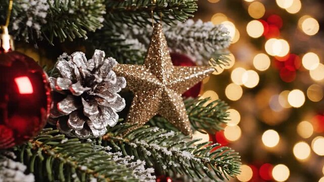 Cozy Christmas background with a decorated tree in a living room near a warm fireplace, featuring a star and pinecone