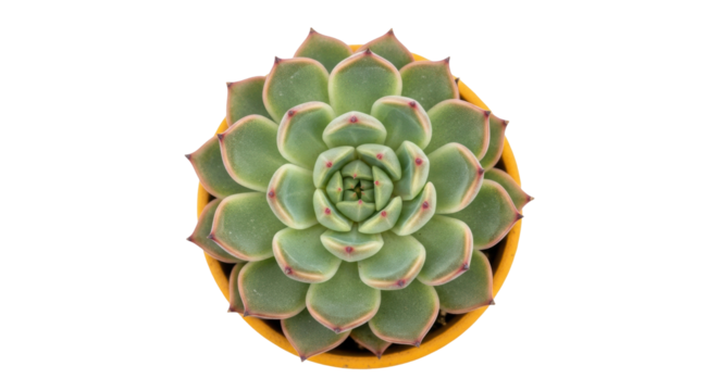 Echeveria succulent plant in yellow pot isolated PNG, top view of green rosette with red tips for botanical design