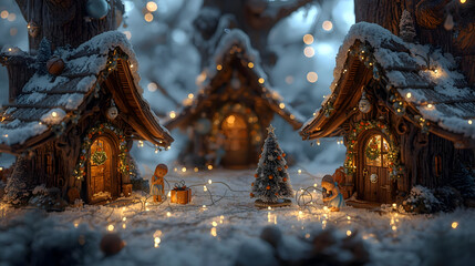 Enchanted fantasy village nestled in deep winter snow, where cozy cottages radiate warm, festive glowing light. This whimsical scene evokes peaceful, magical dreamland on serene night