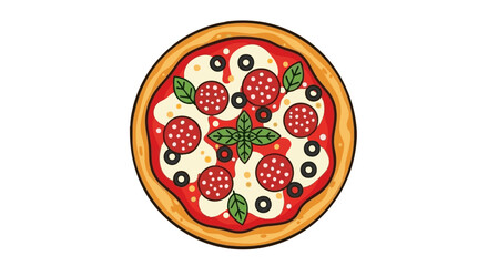 Delicious Cartoon Pepperoni Pizza Illustration with Mozzarella Cheese, Olives, and Fresh Basil on a Classic Red Sauce Base - Perfect Vector Graphic for Menus, Food Blogs, and Stickers