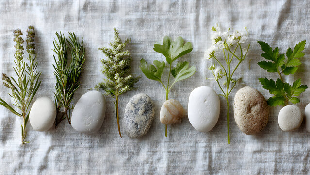A botanical scene with herbs resting on linen alongside aligned spa pebbles in a clean airy flat-lay