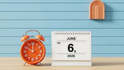 ​A focused shot of an important date (June 6, 2026) on a block calendar alongside a vibrant orange twin-bell clock
