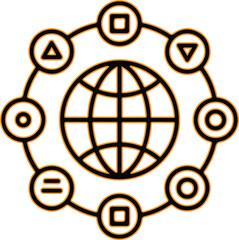 Global network of diverse symbols connected around a central earth globe