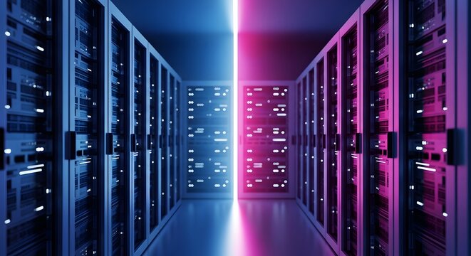 A long hallway filled with server racks illuminated by a blue and pink light in the center