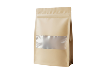 Kraft paper stand up pouch with window isolated PNG, blank packaging mockup for food products on transparent background