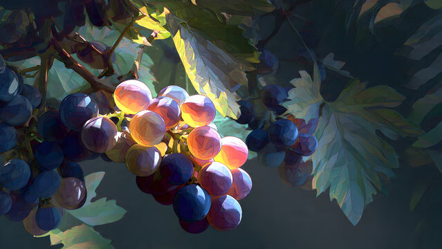 A grape cluster under harsh light generating clustered shadows enhanced with leaf pattern overlays