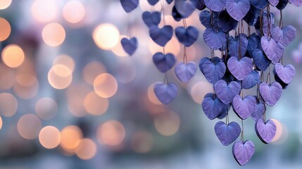 A collection of small, purple heart-shaped ornaments hanging from thin strings, set against a soft background of bokeh lights in warm and cool tones. The focus