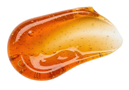 Amber gel smear isolated on transparent background PNG, thick golden serum swatch with bubbles for cosmetics and skincare product design