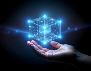 Digital Realm in Hand: A luminous, three-dimensional digital cube hovers above an open hand, emanating a futuristic glow against a dark backdrop. The image speaks of innovation, technology.