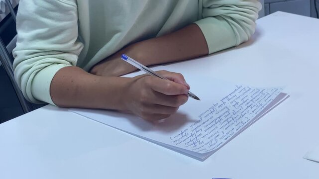 A woman writes a text on a sheet of paper using a blue ballpoint pen. She diligently composes a handwritten note while sitting at a clean white table.