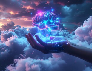The Mind's Embrace: An ethereal image depicts a glowing brain suspended over an outstretched hand against a backdrop of clouds, symbolizing intelligence and innovation.