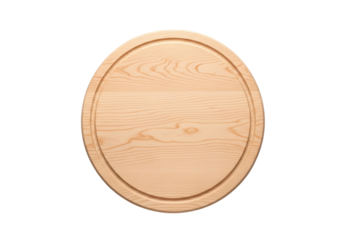 Round wooden cutting board PNG isolated on transparent background, natural wood grain pattern for kitchenware and food presentation