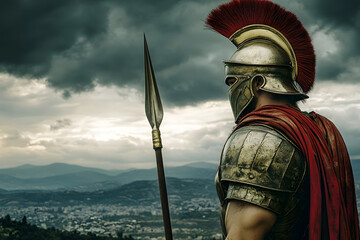 Reflective Hoplite Overlooking Battlefield Under Dramatic Sky  