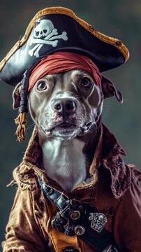 Dog dressed as pirate with costume and hat.