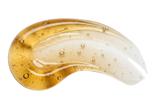 Golden honey gel smear isolated PNG on transparent background, cosmetic serum swatch with bubbles for skincare and beauty product