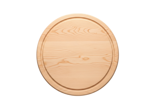 Round wooden cutting board PNG isolated on transparent background, natural wood grain pattern for kitchenware and food presentation
