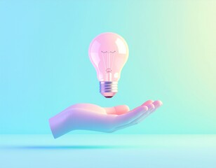 Idea and Inspiration: A minimalist composition of a floating light bulb above an outstretched hand, bathed in soft, ethereal light. Reflecting the essence of creative thinking and innovation.