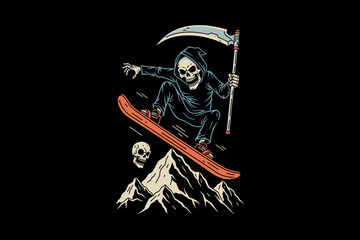 Fototapeta premium Grim Reaper Snowboarding Extreme Sport Adventure.