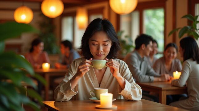 Mujer madura asi&aacute;tica bebiendo t&eacute; verde en un acogedor sal&oacute;n de t&eacute; tradicional