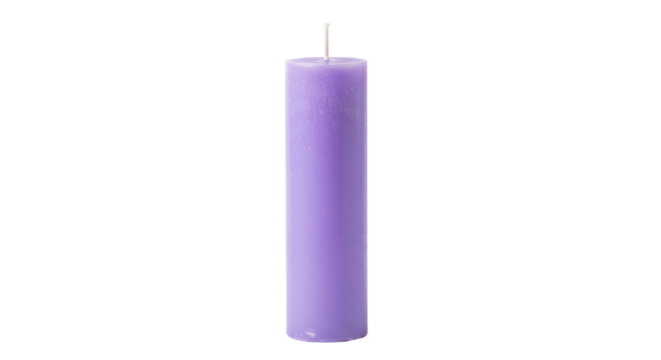 Lavender pillar candle isolated PNG on transparent background, decorative wax candle for home decor and aromatherapy use - Powered by Adobe
